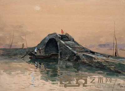 雷坦 1987年作 越乡古桥 38×53cm